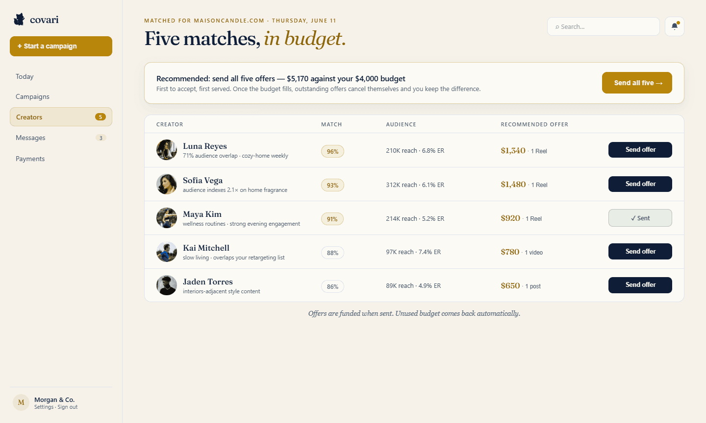 The Studio matches page — recommended offers with one-click sending