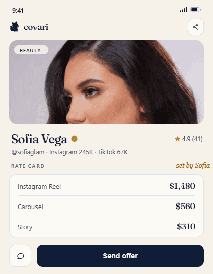 A creator listing on covari
