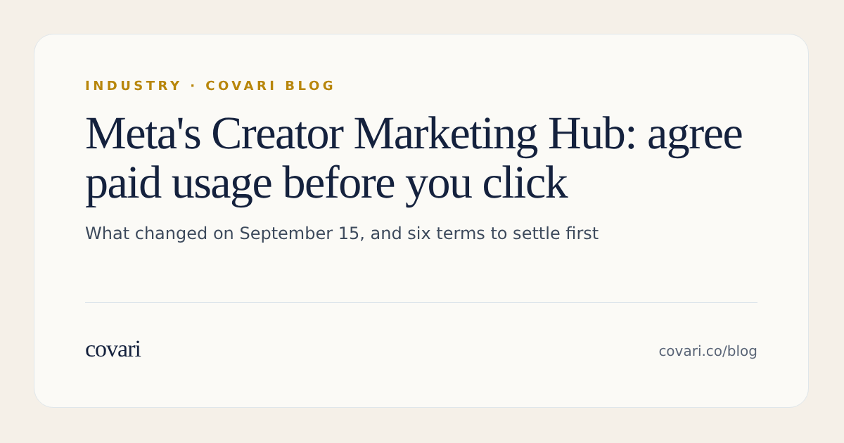 Meta's Creator Marketing Hub makes a creator's post one click from an ad. Agree paid usage first.